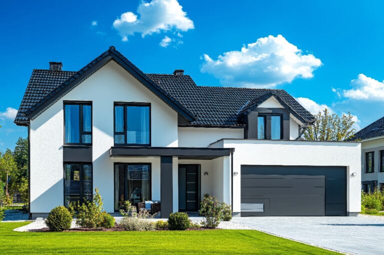 Modernes zweistöckiges Einfamilienhaus in Deutschland vor blauem Himmel.
