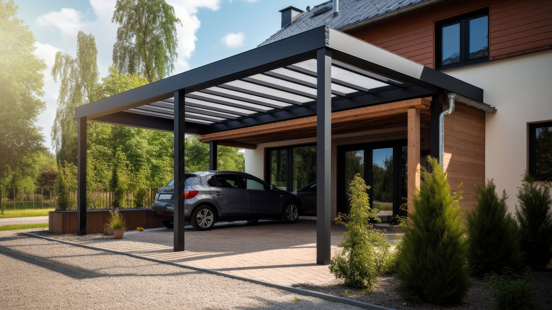 Modernes Stahlcarport an einem Einfamilienhaus. Modernes Haus auf der Rückseite. Generative KI.