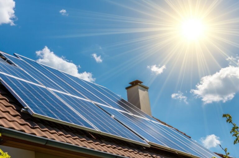 Erneuerbare Energien, Solarmodule auf einem Hausdach erzeugen sauberen Strom