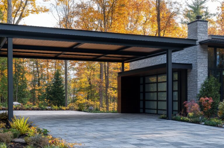 Fassade eines modernen Hauses mit Carport und Herbstlaub.