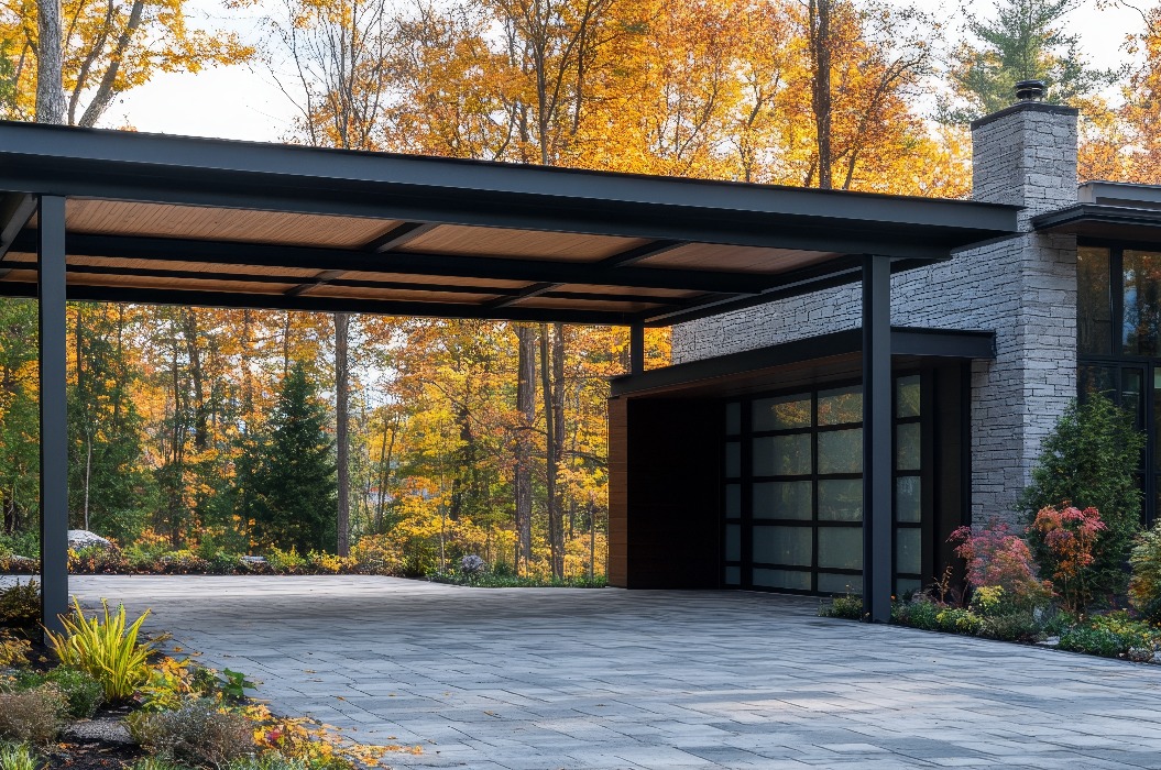 Fassade eines modernen Hauses mit Carport und Herbstlaub.
